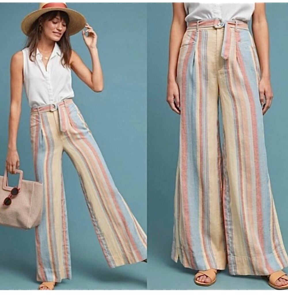 Anthropologie Beachy Striped Wide Leg Pants Linen Blend Womens Size 8 Bohemian